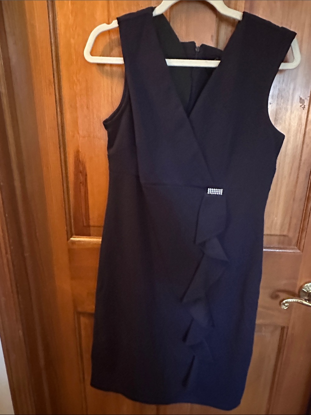 SLNY Navy Sleeveless V-Neck Sheath Dress with Ruffle and Rhinestone Accent